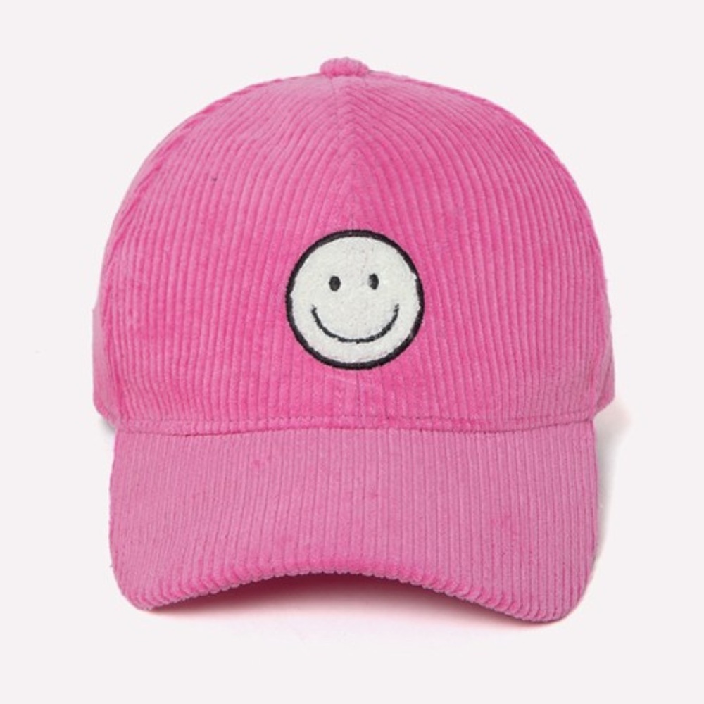SOLD OUT Hot Pink Smile Face Chenille Patch Corduroy Baseball Cap Hat Casual - Picture 1 of 2